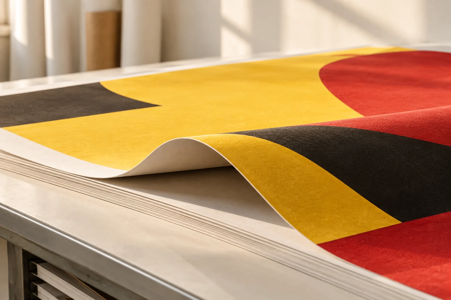 Illustratives Detail von bedrucktem Plakatpapier in Rot und Gelb